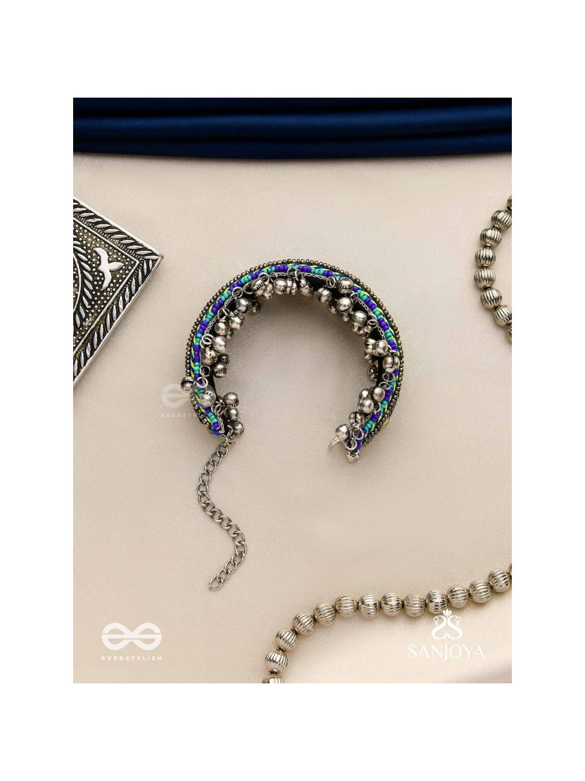 Vedhan - The Oceanic Depths - Resham And Beads Hand Embroidered Oxidised Cuff Bracelet