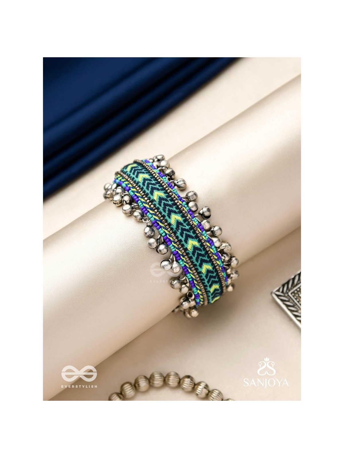 Vedhan - The Oceanic Depths - Resham And Beads Hand Embroidered Oxidised Cuff Bracelet