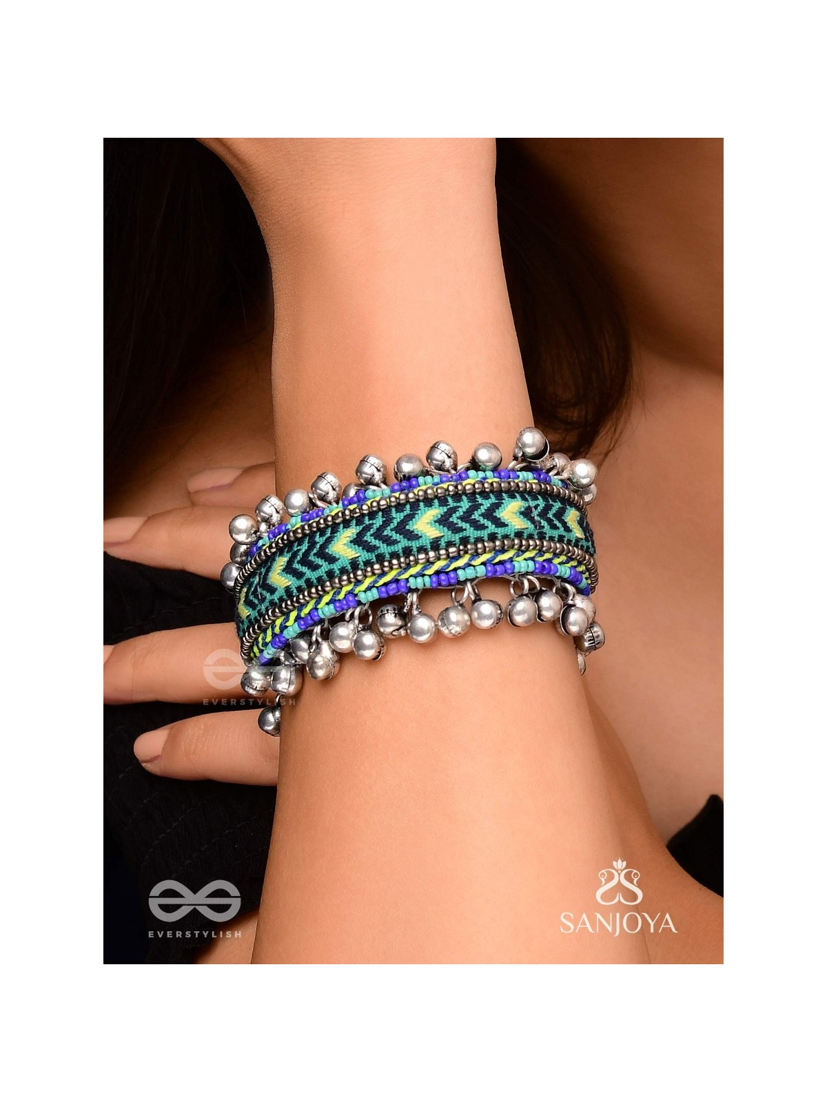 Vedhan - The Oceanic Depths - Resham And Beads Hand Embroidered Oxidised Cuff Bracelet