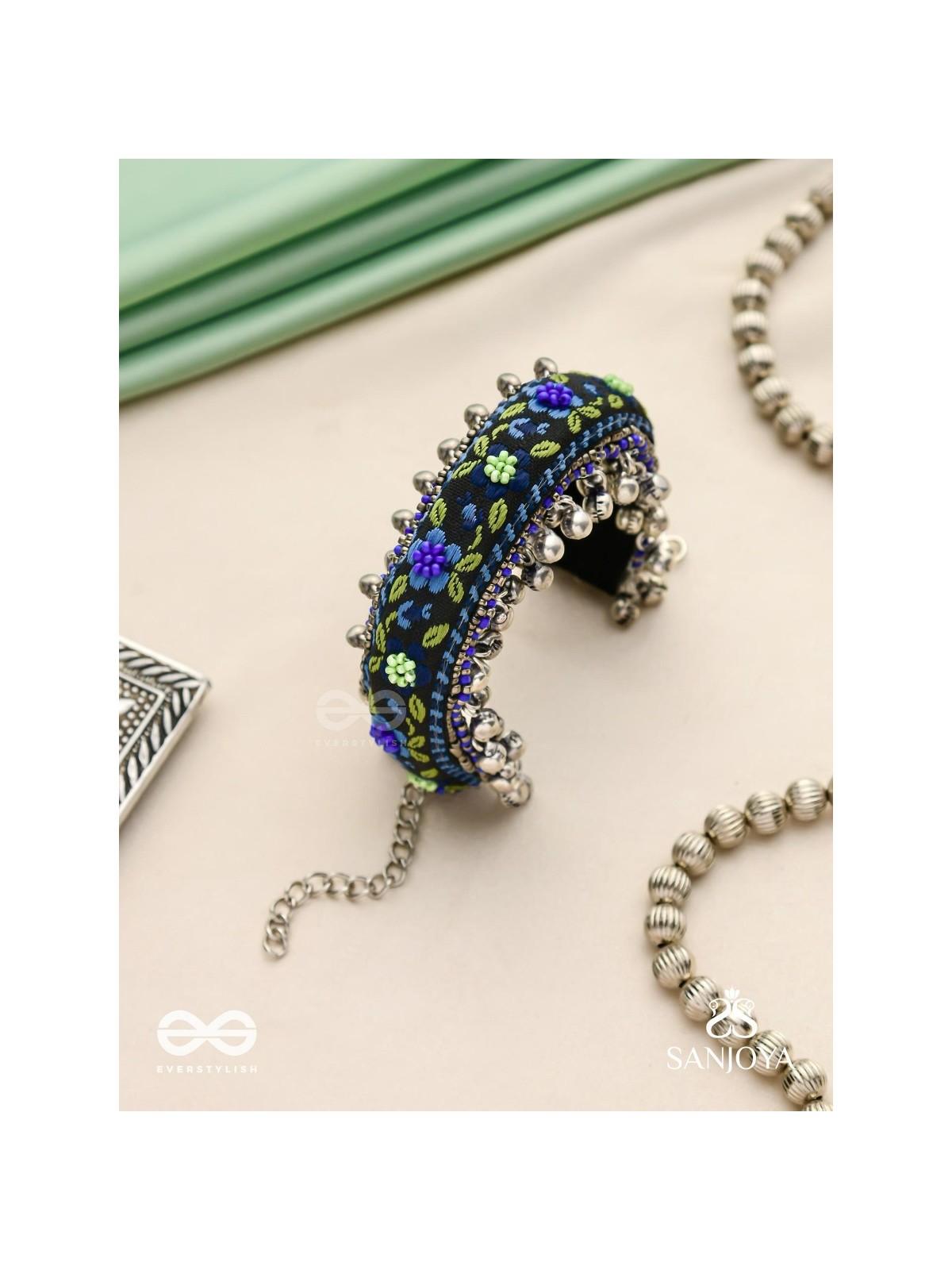 Padmacharini - The Divine Orchids - Resham And Beads Hand Embroidered Oxidised Cuff Bracelet