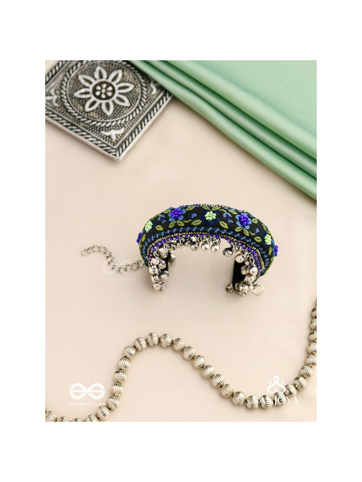 Padmacharini - The Divine Orchids - Resham And Beads Hand Embroidered Oxidised Cuff Bracelet