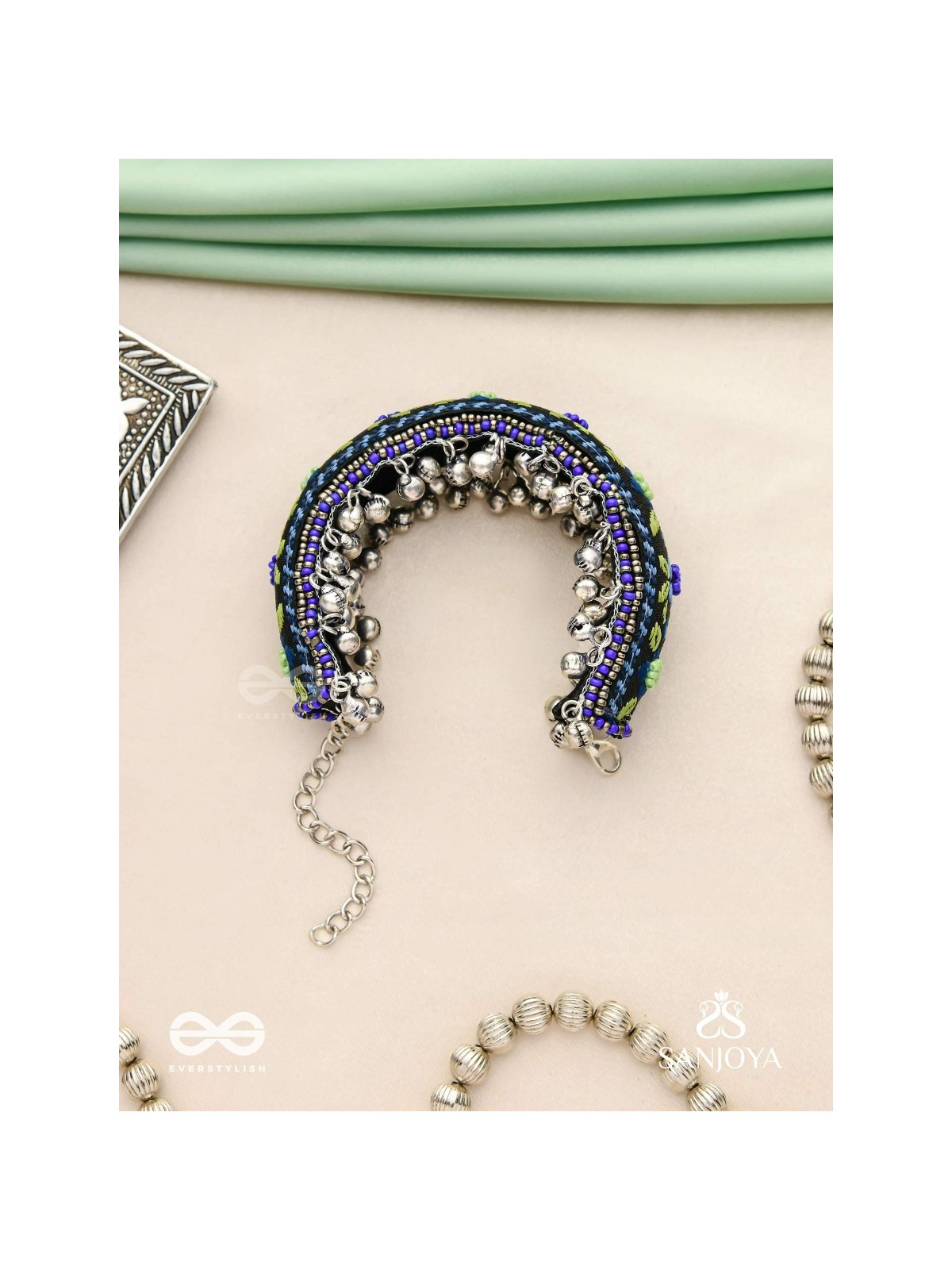 Padmacharini - The Divine Orchids - Resham And Beads Hand Embroidered Oxidised Cuff Bracelet