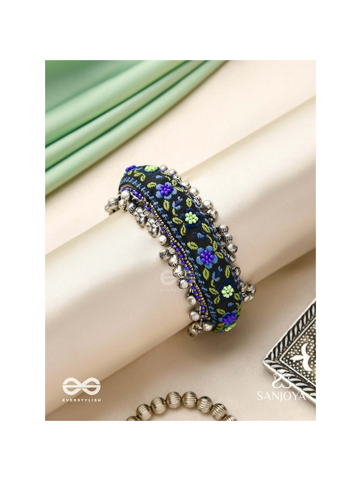 Padmacharini - The Divine Orchids - Resham And Beads Hand Embroidered Oxidised Cuff Bracelet