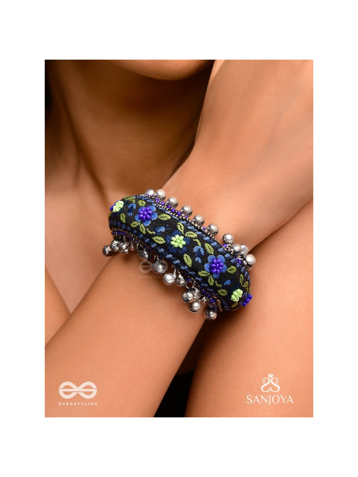 Padmacharini - The Divine Orchids - Resham And Beads Hand Embroidered Oxidised Cuff Bracelet