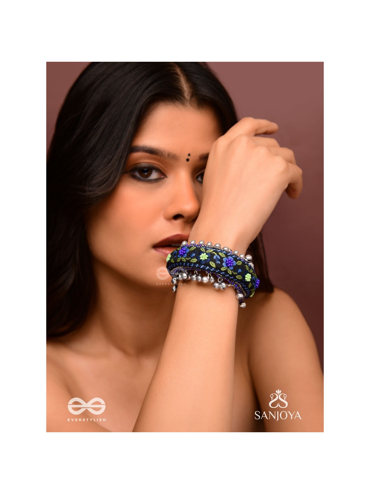 Padmacharini - The Divine Orchids - Resham And Beads Hand Embroidered Oxidised Cuff Bracelet