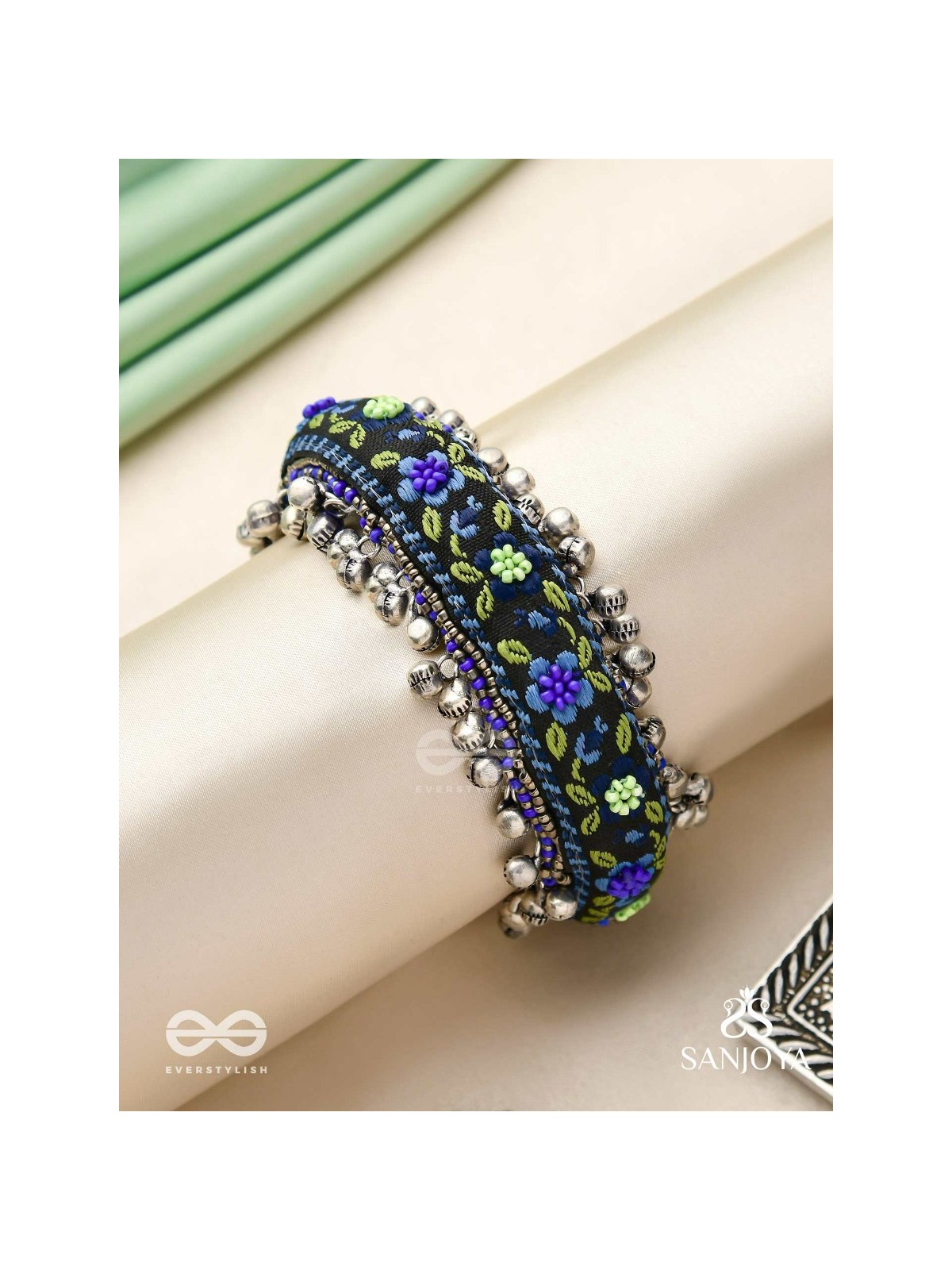 Padmacharini - The Divine Orchids - Resham And Beads Hand Embroidered Oxidised Cuff Bracelet