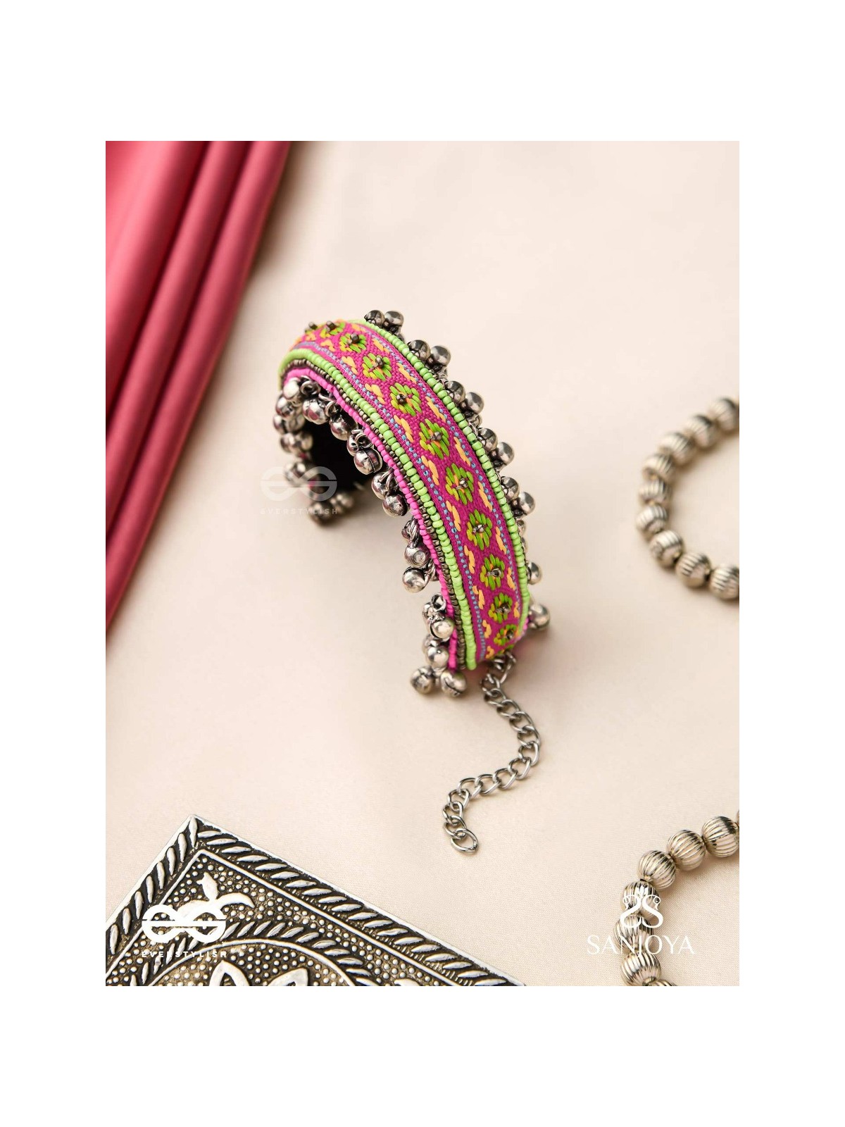 Shinjit - The Pastel Chimes - Resham And Beads Hand Embroidered Oxidised Cuff Bracelet