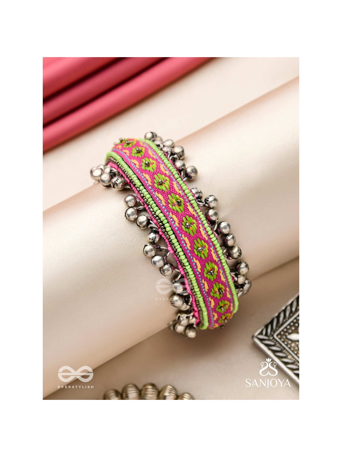 Shinjit - The Pastel Chimes - Resham And Beads Hand Embroidered Oxidised Cuff Bracelet