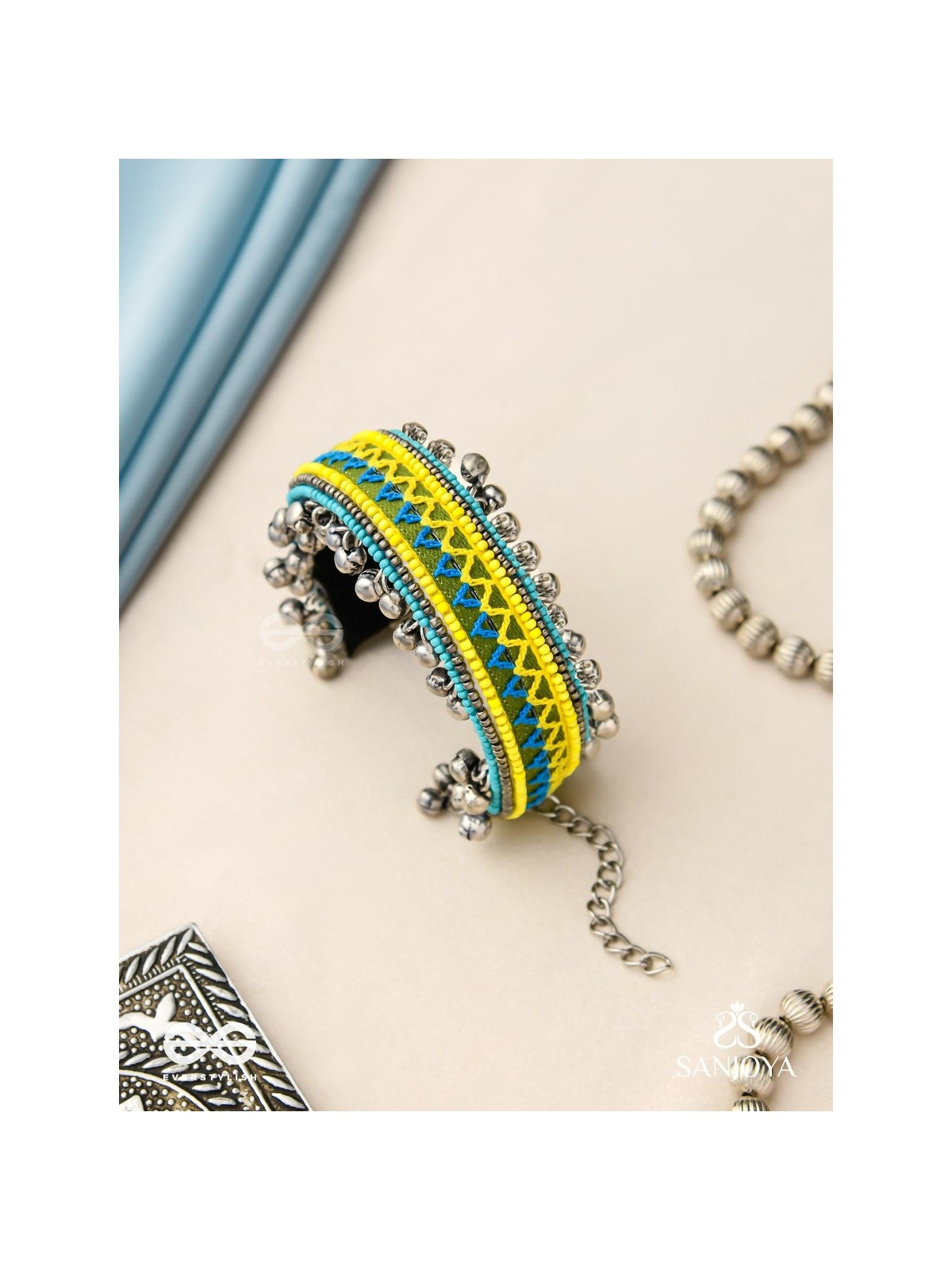 Dhritvan - The Lime Sky - Resham And Beads Hand Embroidered Oxidised Cuff Bracelet