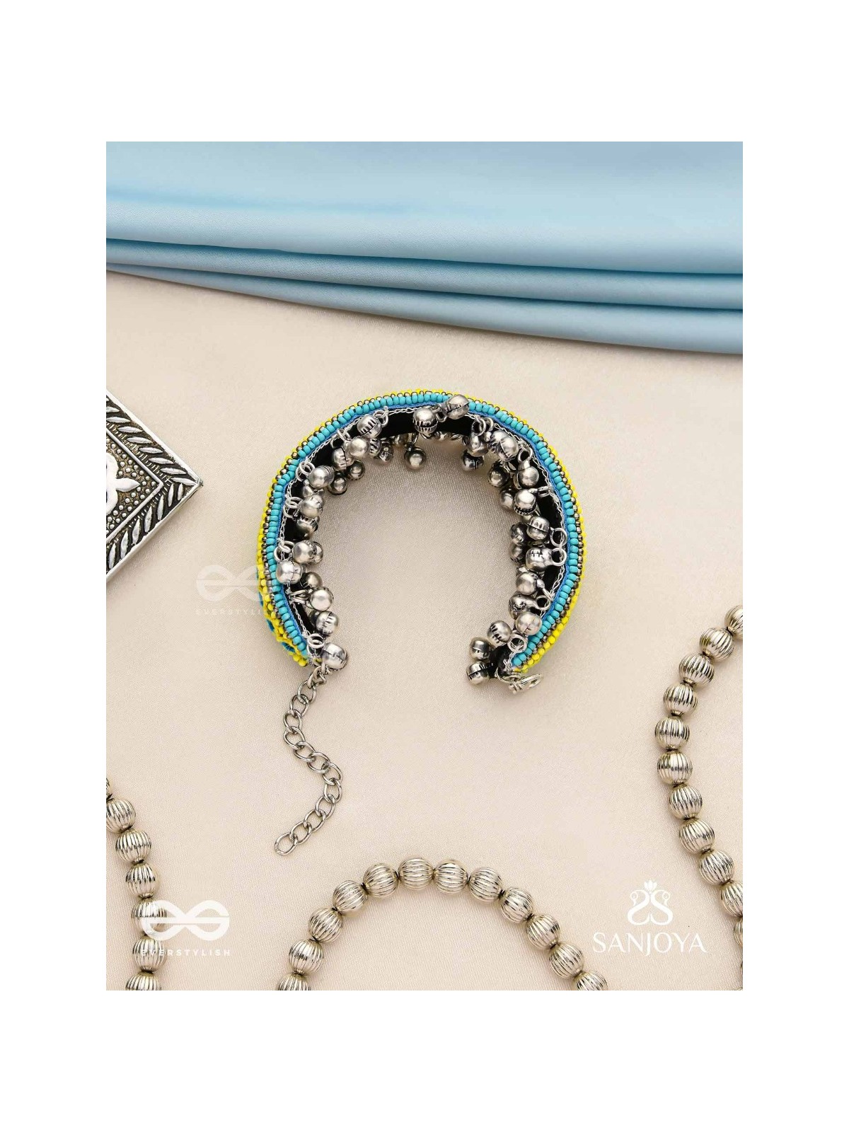 Dhritvan - The Lime Sky - Resham And Beads Hand Embroidered Oxidised Cuff Bracelet