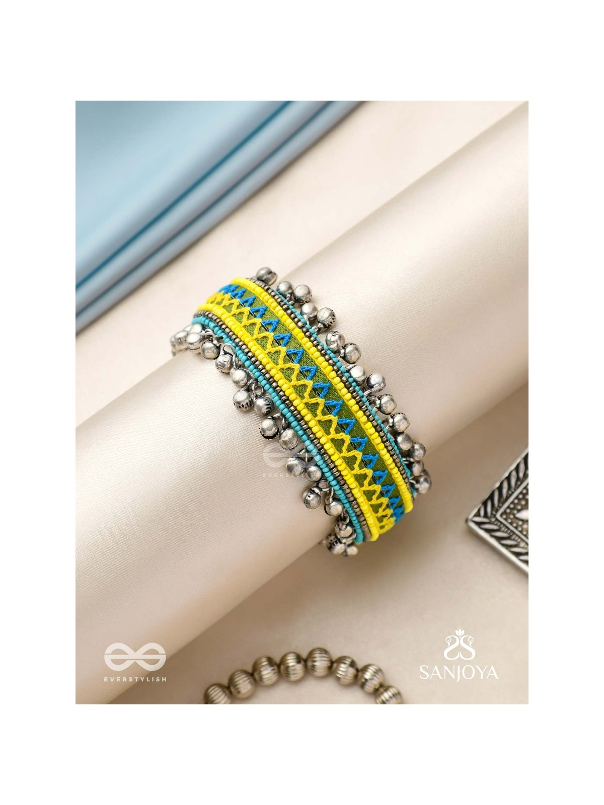 Dhritvan - The Lime Sky - Resham And Beads Hand Embroidered Oxidised Cuff Bracelet