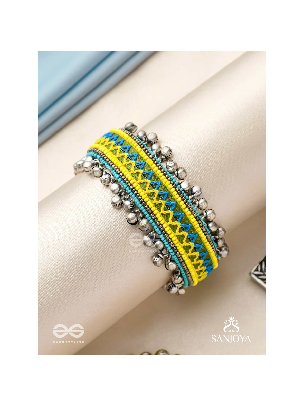 Dhritvan - The Lime Sky - Resham And Beads Hand Embroidered Oxidised Cuff Bracelet