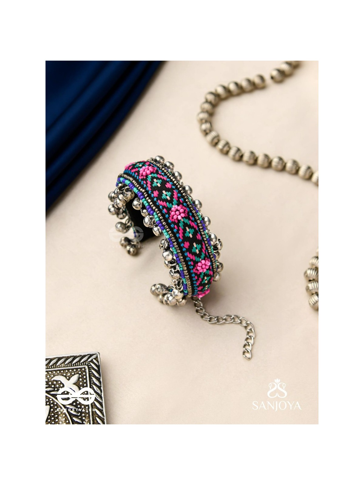 Ragapushpi - The Rosy Night - Resham And Beads Hand Embroidered Oxidised Cuff Bracelet