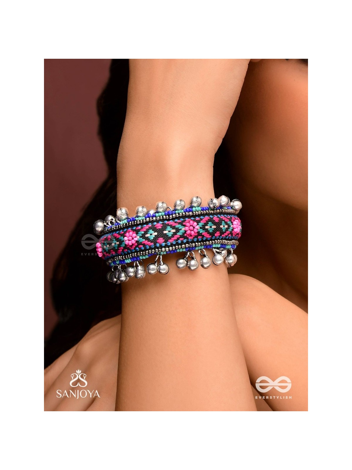 Ragapushpi - The Rosy Night - Resham And Beads Hand Embroidered Oxidised Cuff Bracelet