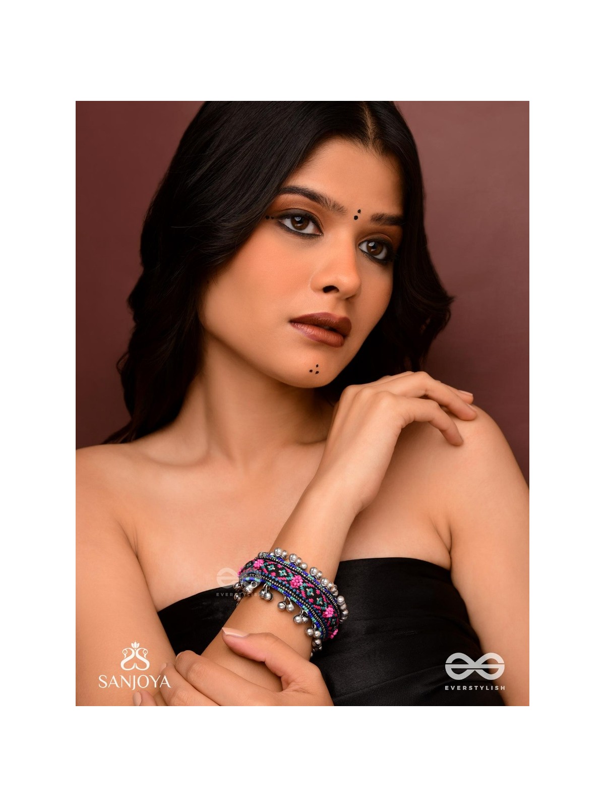 Ragapushpi - The Rosy Night - Resham And Beads Hand Embroidered Oxidised Cuff Bracelet