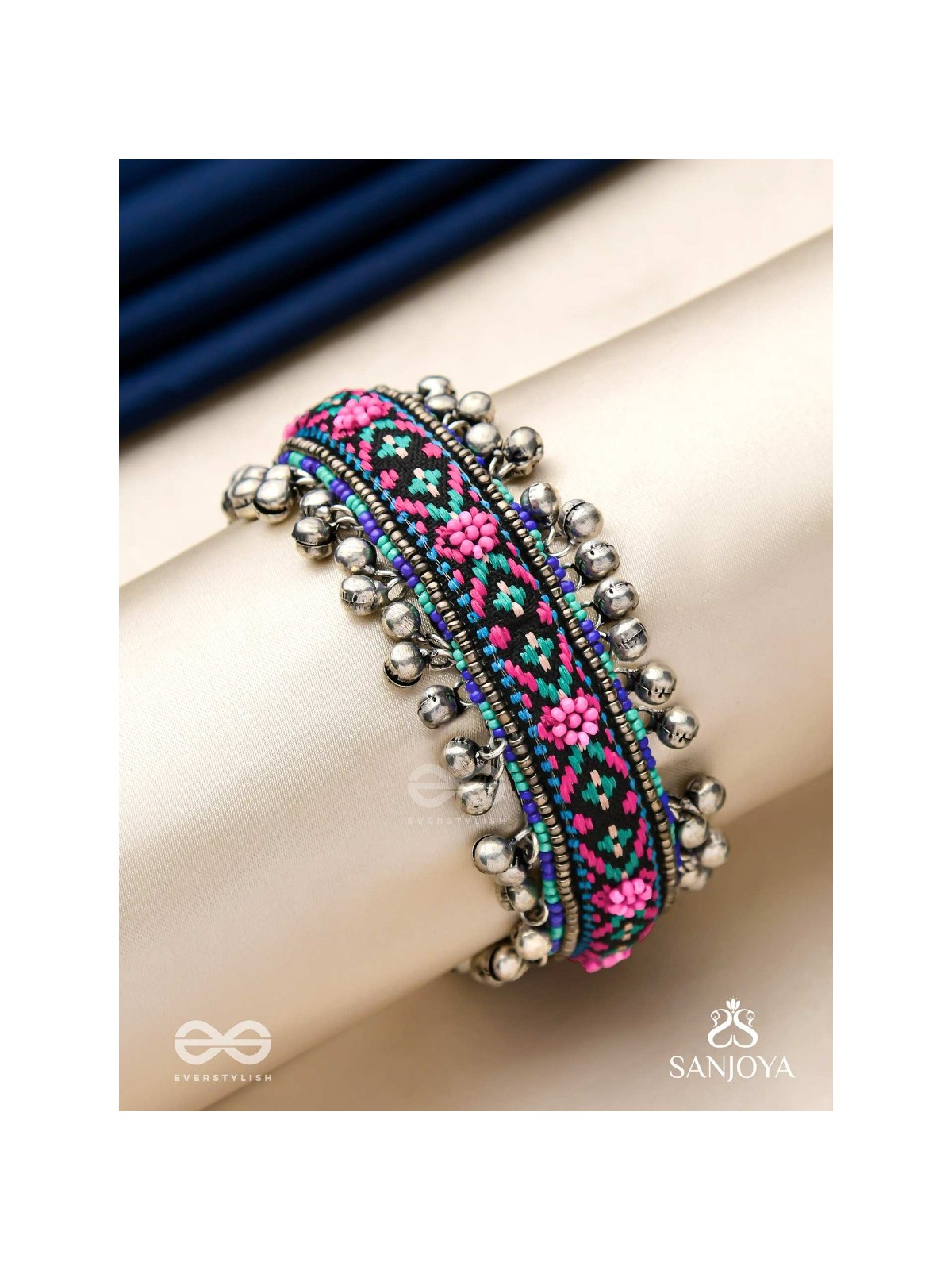 Ragapushpi - The Rosy Night - Resham And Beads Hand Embroidered Oxidised Cuff Bracelet