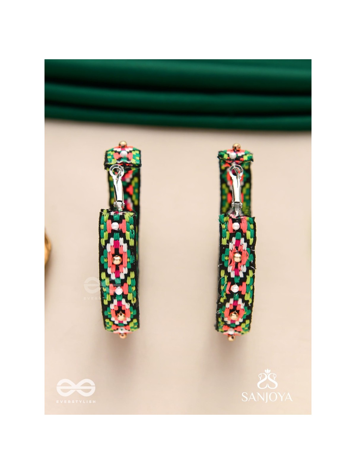 Kshitvari - The Lively Garden - Resham And Beads Hand Embroidered Hoop Earrings