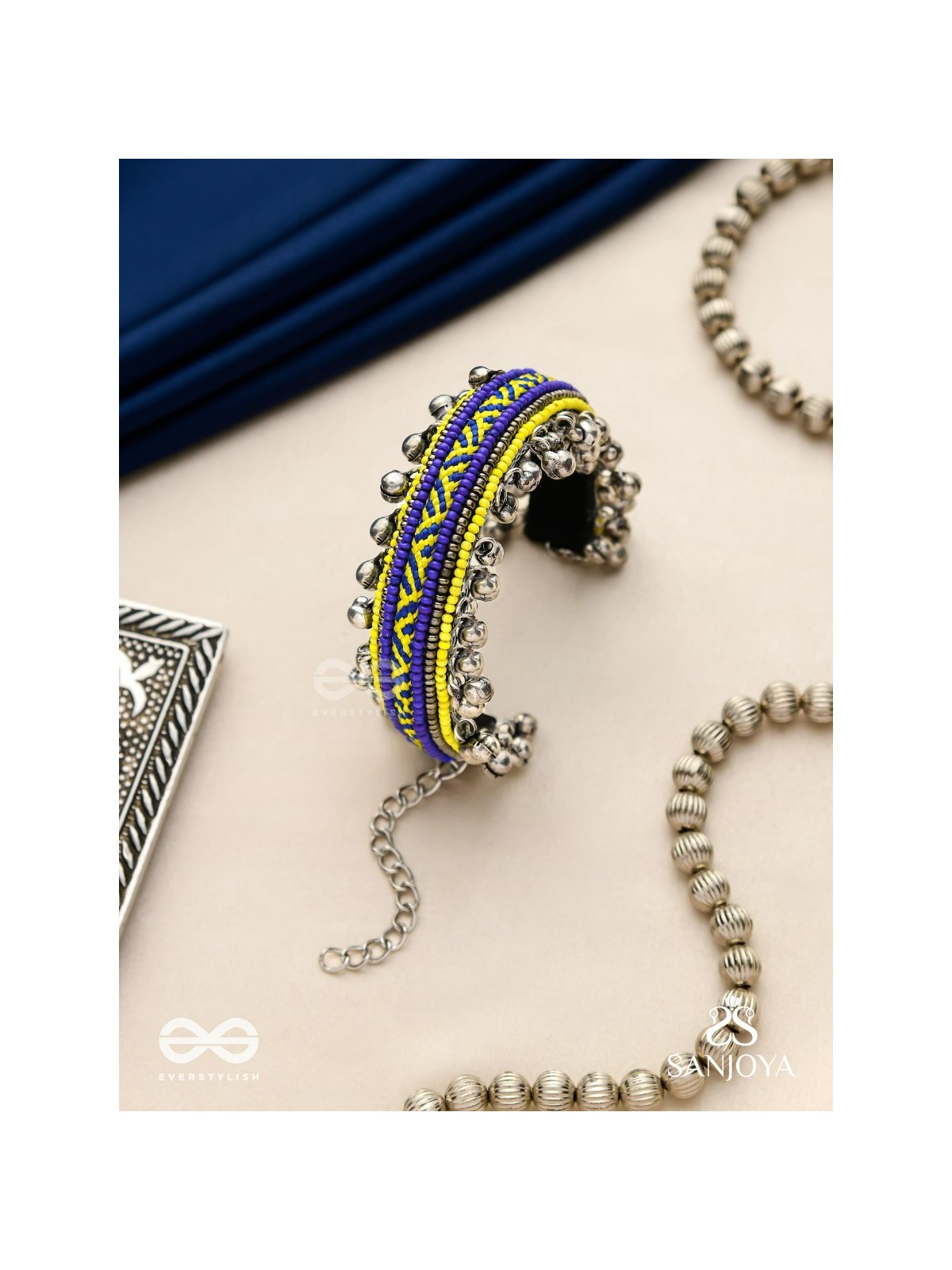 Vidhatrayus - The Sunflower Meadows - Beaded Hand Embroidered Oxidised Cuff Bracelet