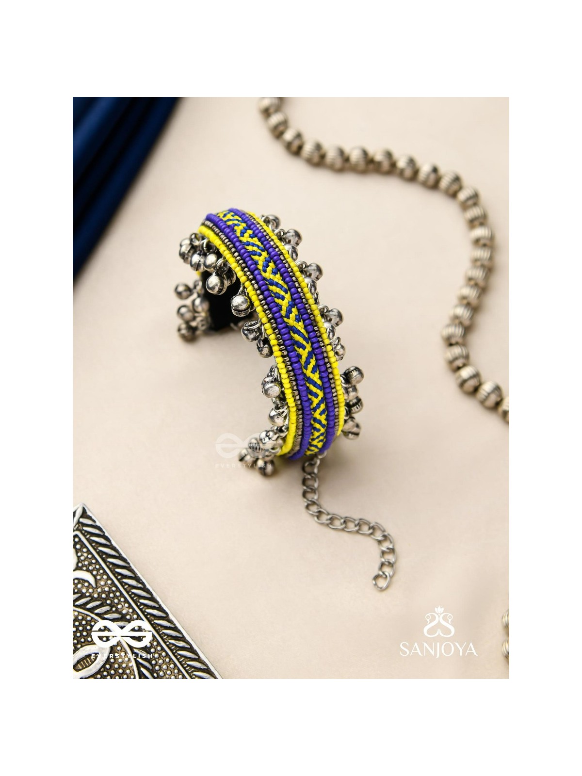 Vidhatrayus - The Sunflower Meadows - Beaded Hand Embroidered Oxidised Cuff Bracelet