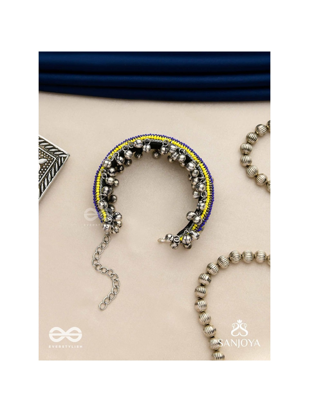 Vidhatrayus - The Sunflower Meadows - Beaded Hand Embroidered Oxidised Cuff Bracelet