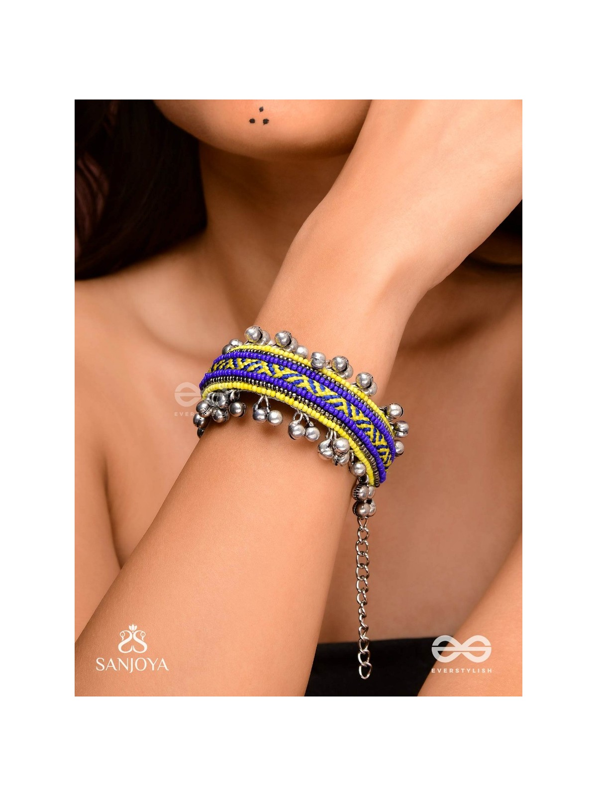 Vidhatrayus - The Sunflower Meadows - Beaded Hand Embroidered Oxidised Cuff Bracelet