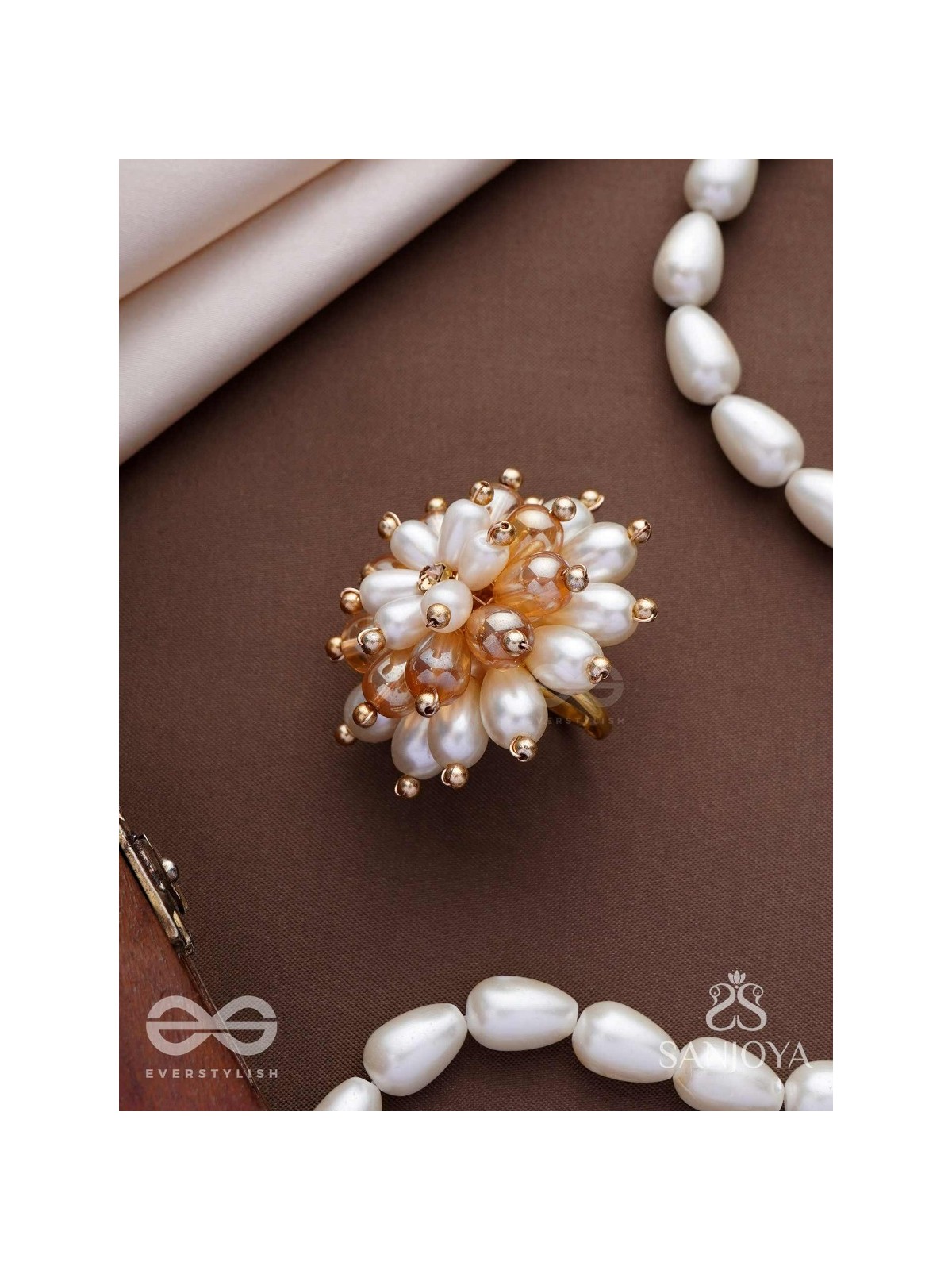 Svapnakalka - The Ivory Dream - Beads, Pearl And Glass Drops Hand Embroidered Ring (Adjustable)