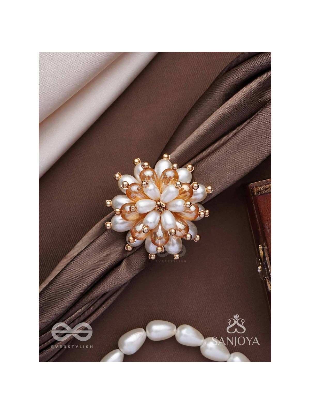 Svapnakalka - The Ivory Dream - Beads, Pearl And Glass Drops Hand Embroidered Ring (Adjustable)