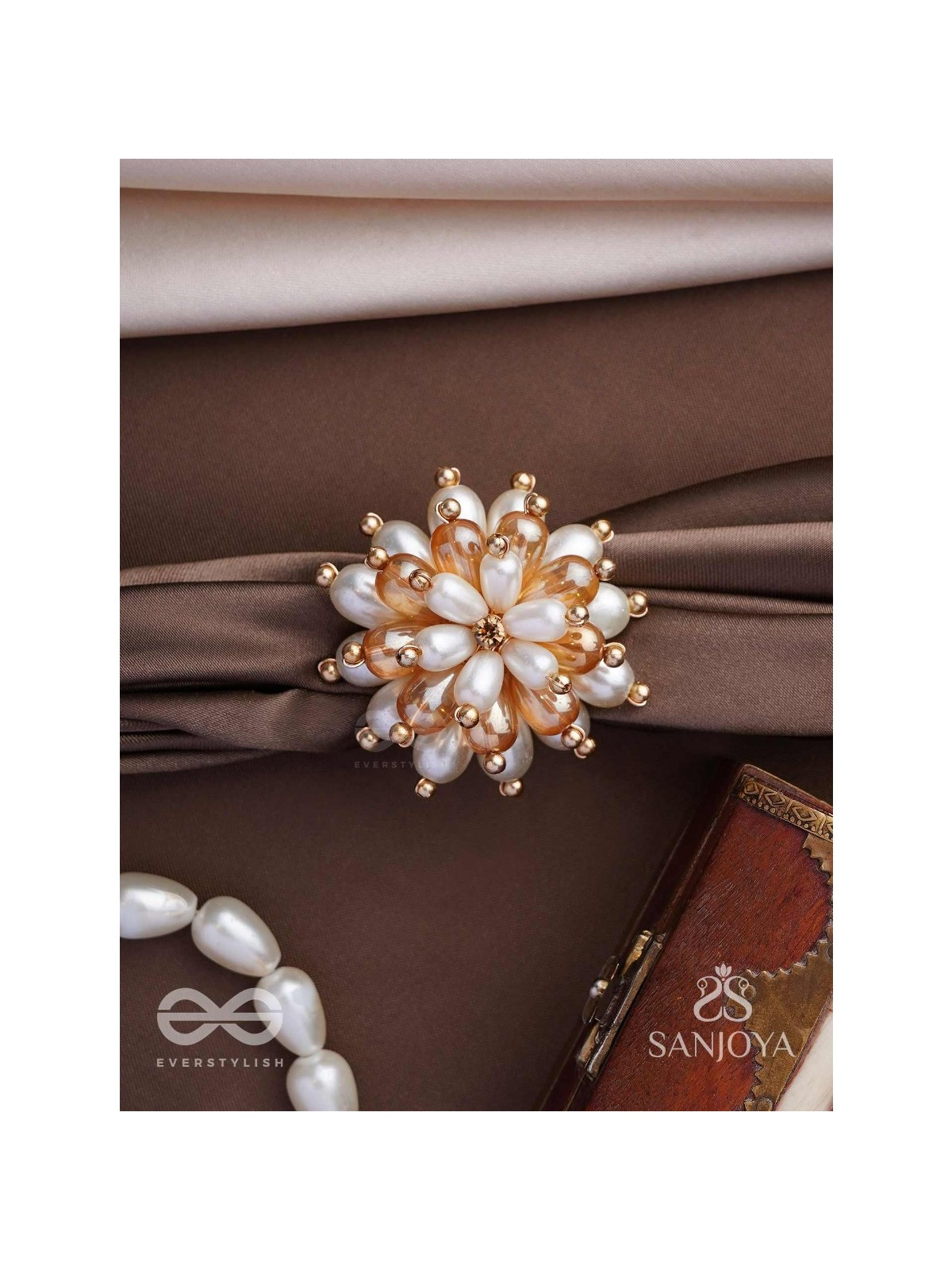 Svapnakalka - The Ivory Dream - Beads, Pearl And Glass Drops Hand Embroidered Ring (Adjustable)