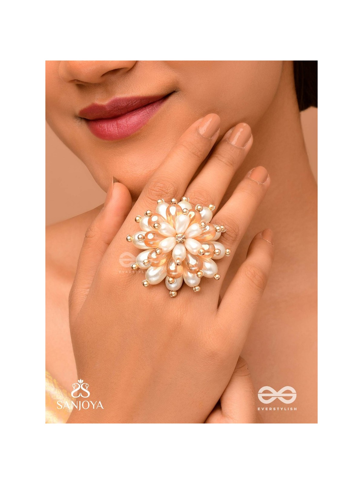 Svapnakalka - The Ivory Dream - Beads, Pearl And Glass Drops Hand Embroidered Ring (Adjustable)