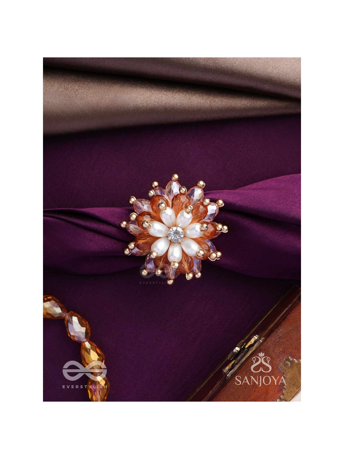 Sharadgat - The Autumn Magic - Beads, Pearl And Glass Drops Hand Embroidered Ring (Adjustable)