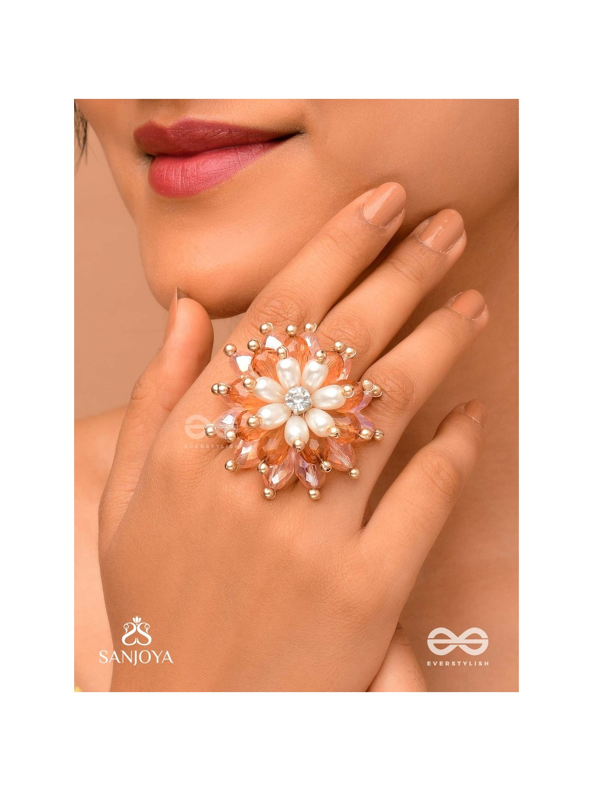 Sharadgat - The Autumn Magic - Beads, Pearl And Glass Drops Hand Embroidered Ring (Adjustable)