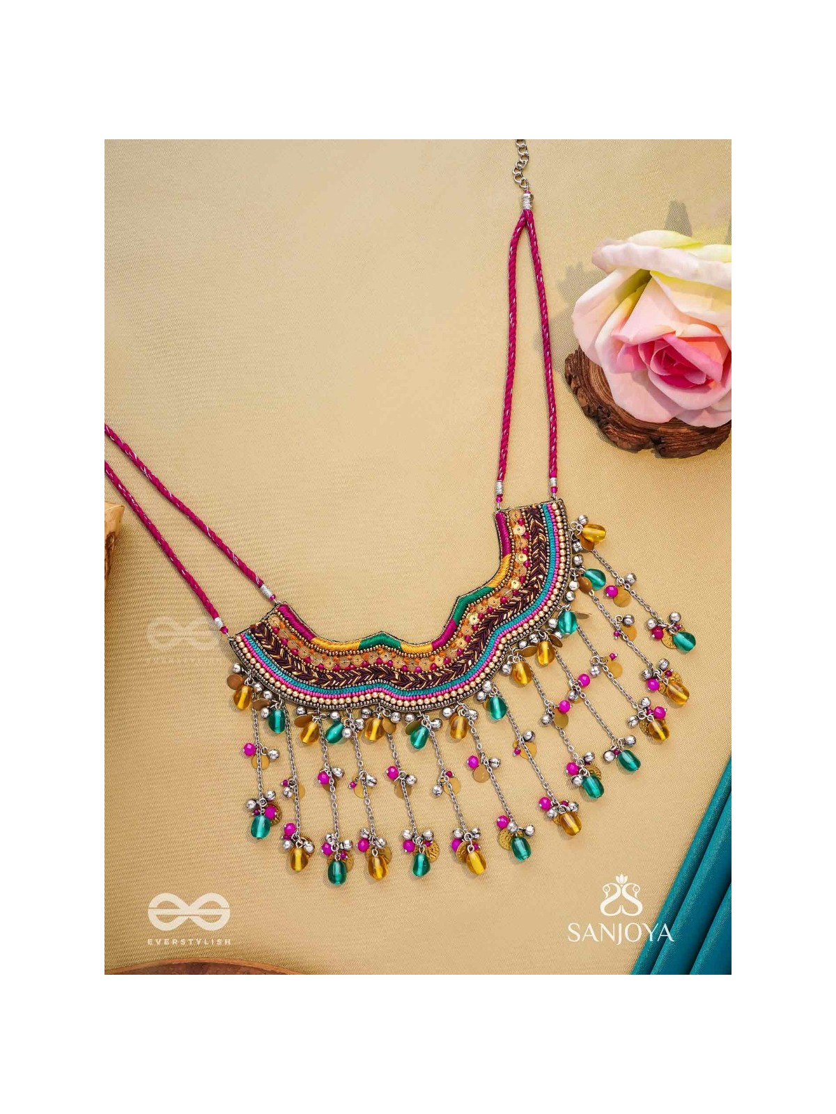 Vadya - The Umber Rhythm - Beads, Coins, Resham And Glass Drops Hand Embroidered Neckpiece