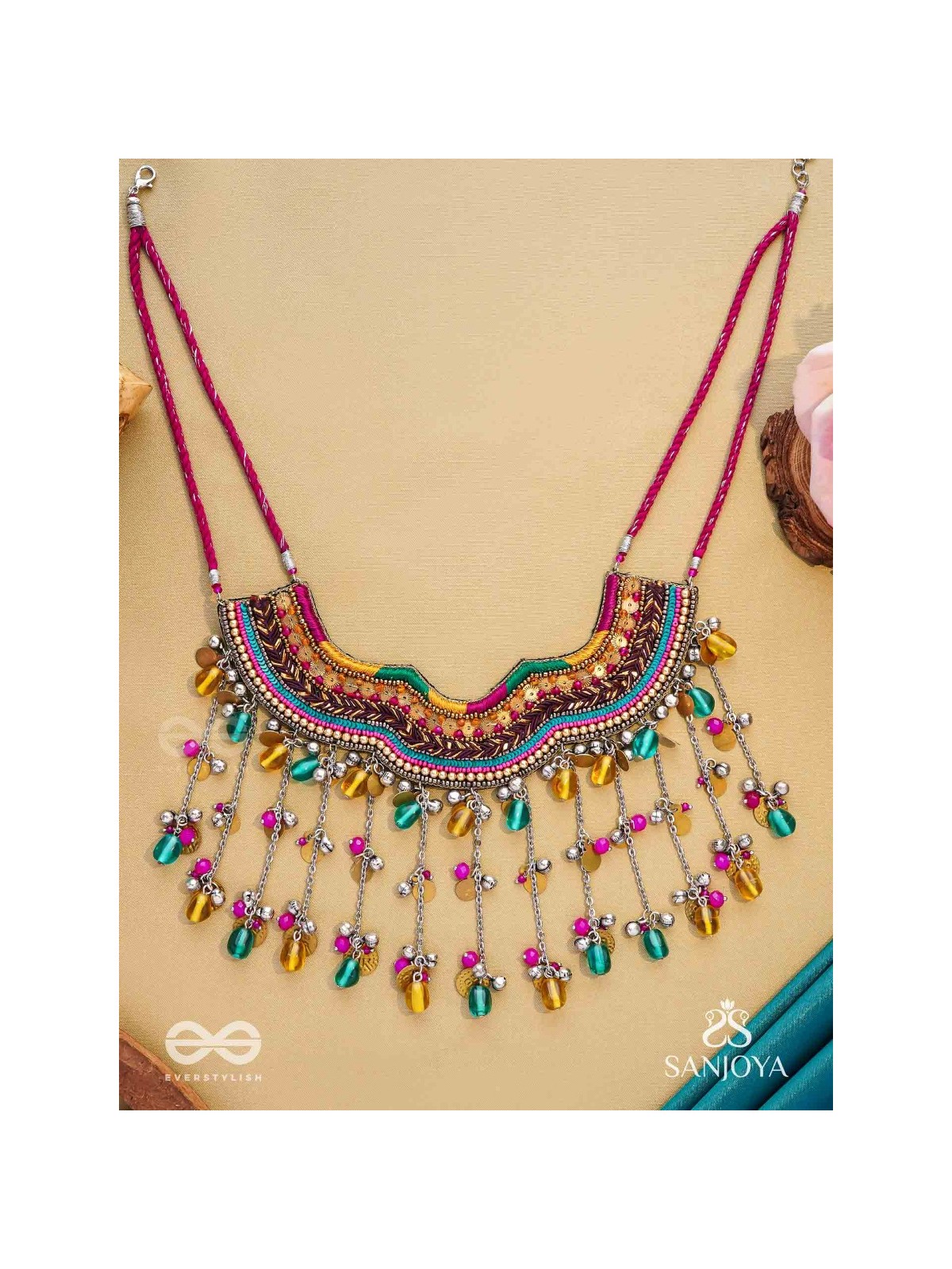 Vadya - The Umber Rhythm - Beads, Coins, Resham And Glass Drops Hand Embroidered Neckpiece