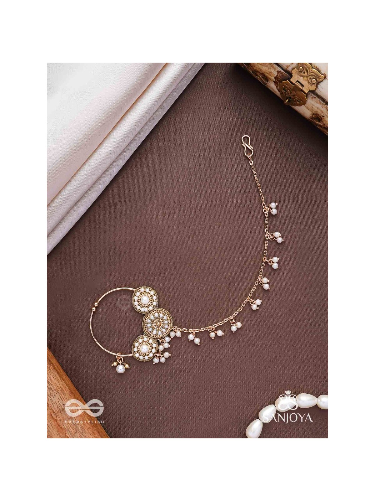 Haimavat - The Pearl Trail - Pearls And Beads Hand Embroidered Nath (Non-Piercing)