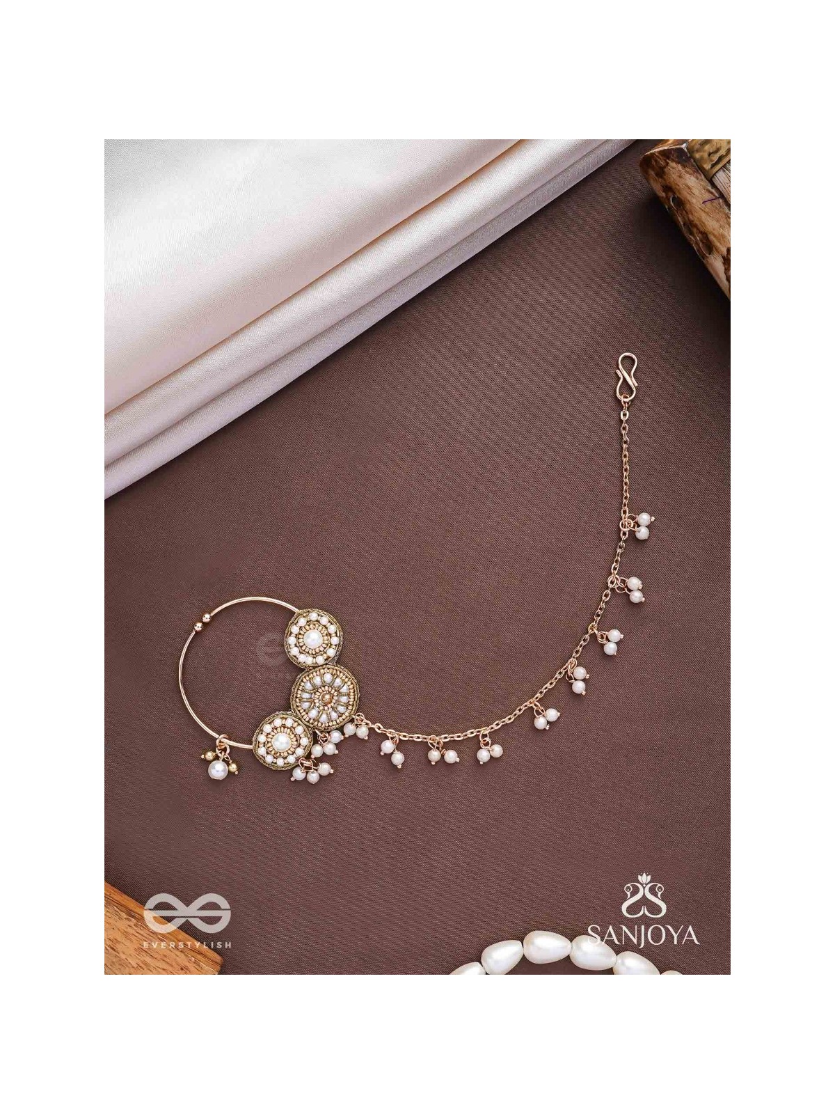 Haimavat - The Pearl Trail - Pearls And Beads Hand Embroidered Nath (Non-Piercing)