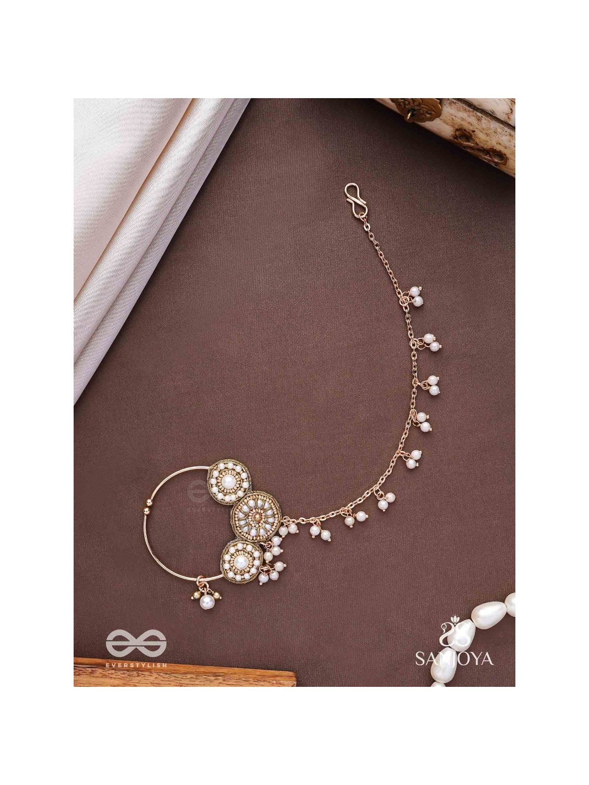 Haimavat - The Pearl Trail - Pearls And Beads Hand Embroidered Nath (Non-Piercing)