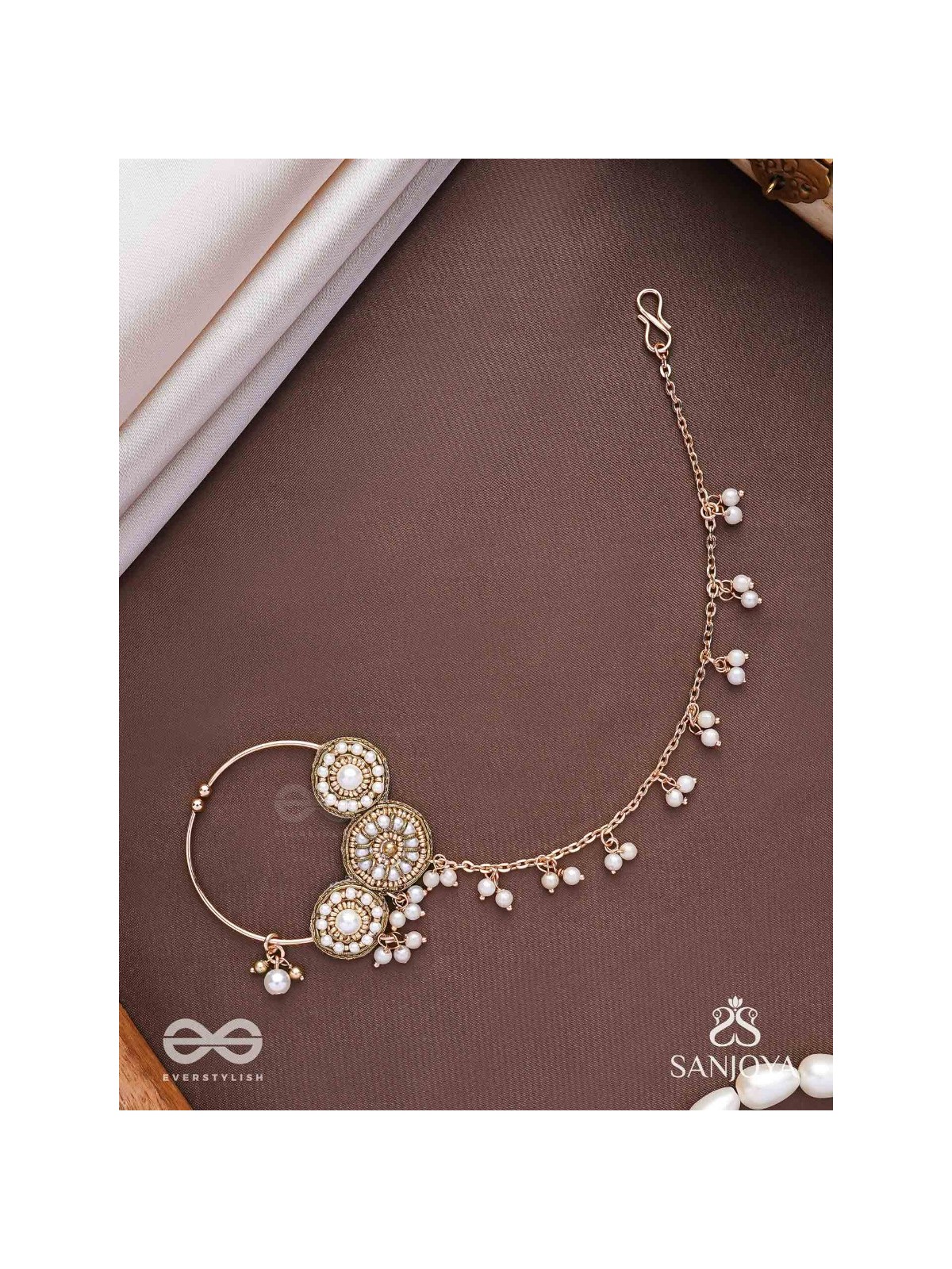 Haimavat - The Pearl Trail - Pearls And Beads Hand Embroidered Nath (Non-Piercing)