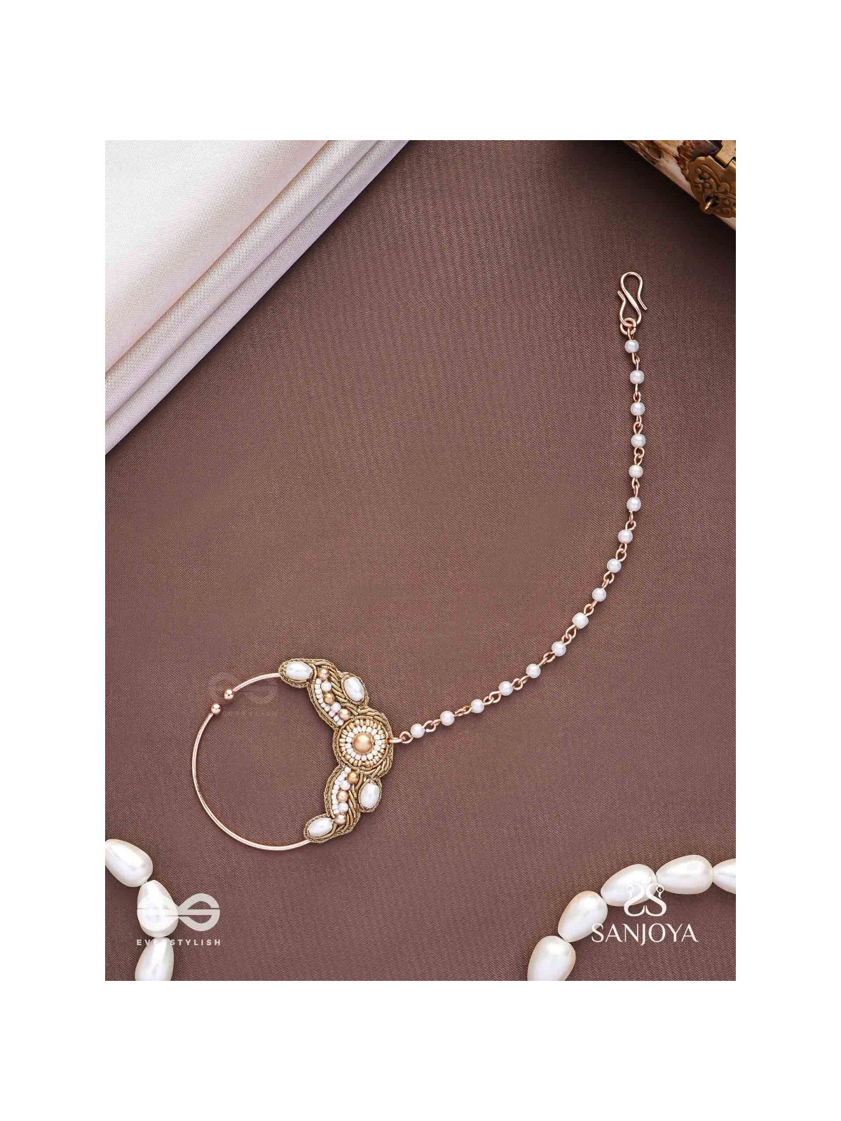 Varchasam - The Treasured Radiance - Pearls, Beads And Dabka Hand Embroidered Nath (Non-Piercing)