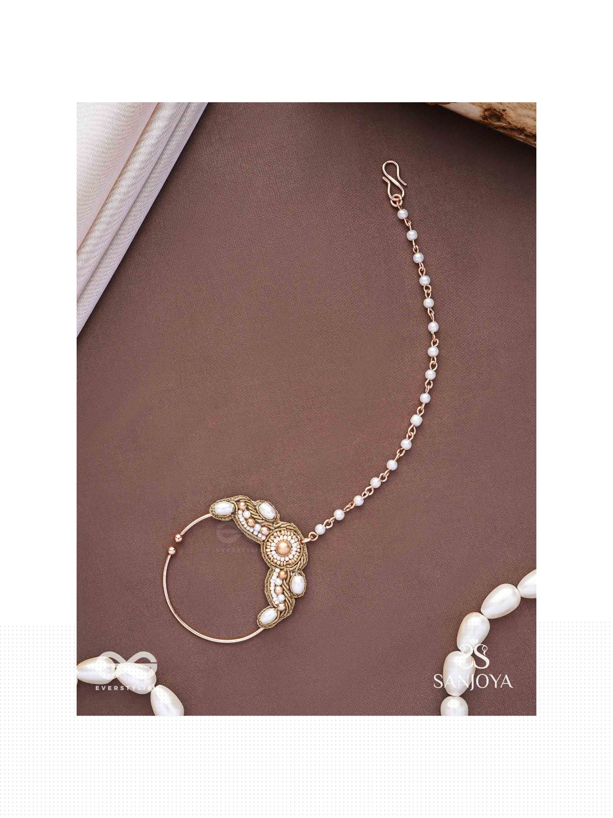 Varchasam - The Treasured Radiance - Pearls, Beads And Dabka Hand Embroidered Nath (Non-Piercing)