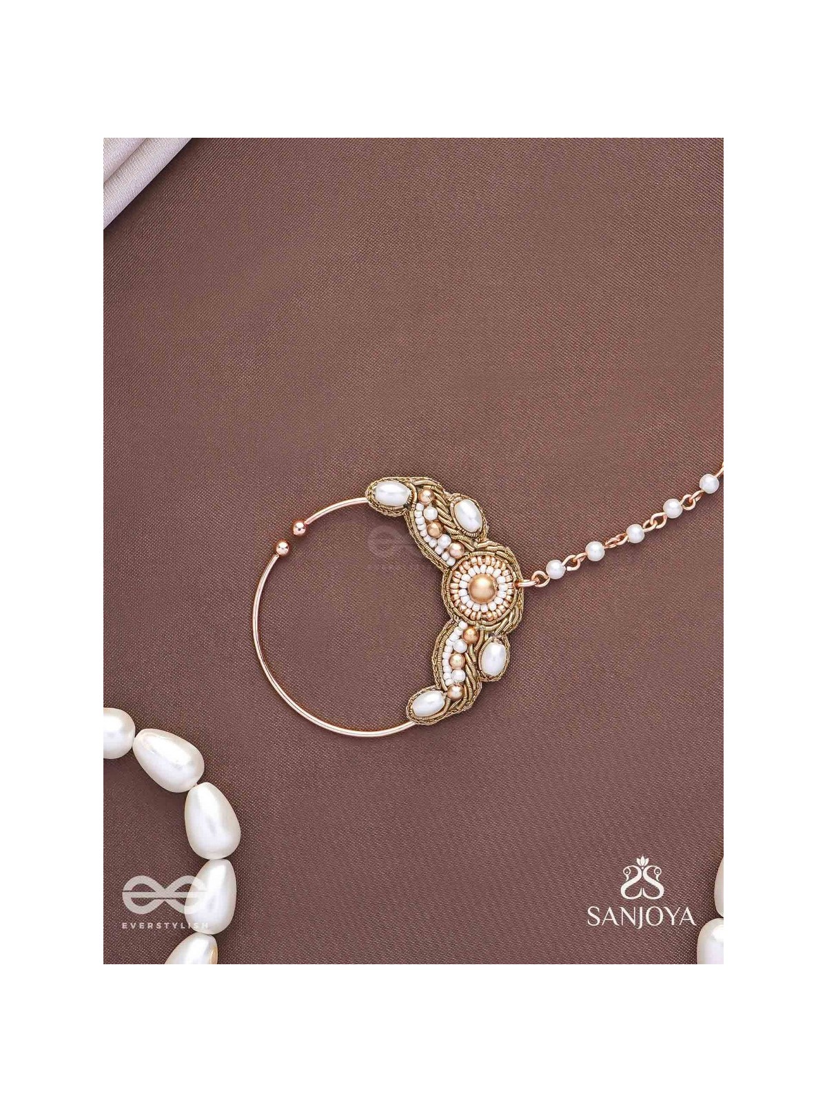 Varchasam - The Treasured Radiance - Pearls, Beads And Dabka Hand Embroidered Nath (Non-Piercing)