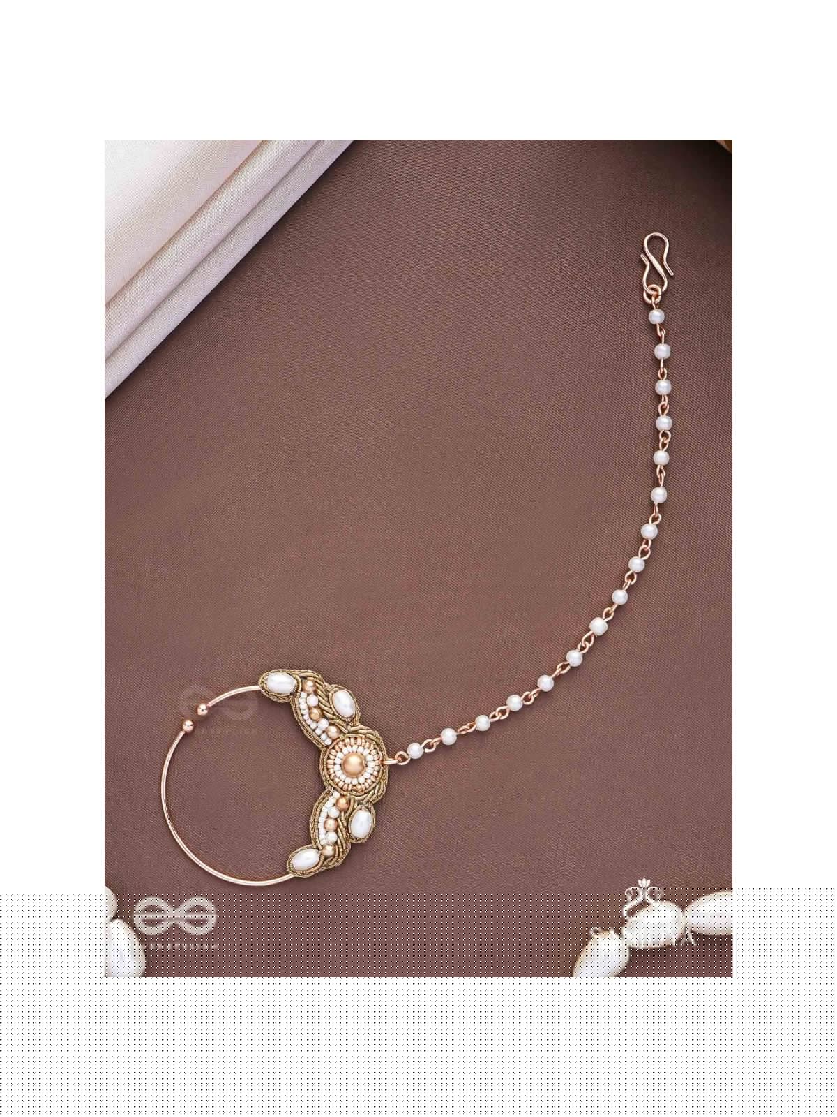 Varchasam - The Treasured Radiance - Pearls, Beads And Dabka Hand Embroidered Nath (Non-Piercing)