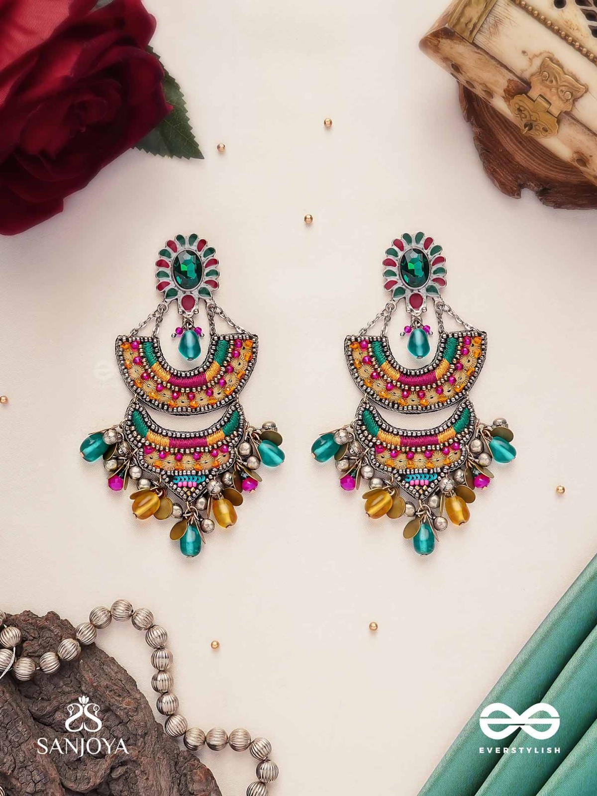Gramik - The Rustic Royalty - Stone, Resham , Coins And Glass Drops Hand Embroidered Earrings