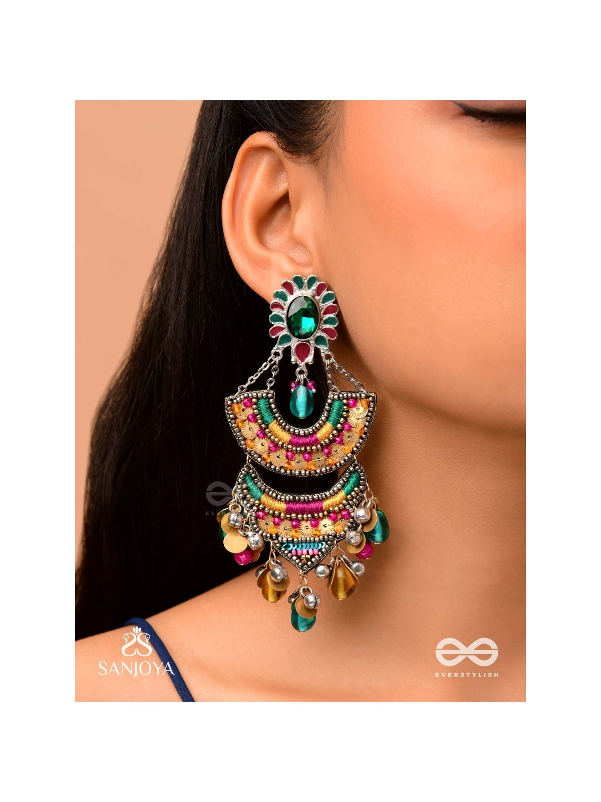 Gramik - The Rustic Royalty - Stone, Resham , Coins And Glass Drops Hand Embroidered Earrings