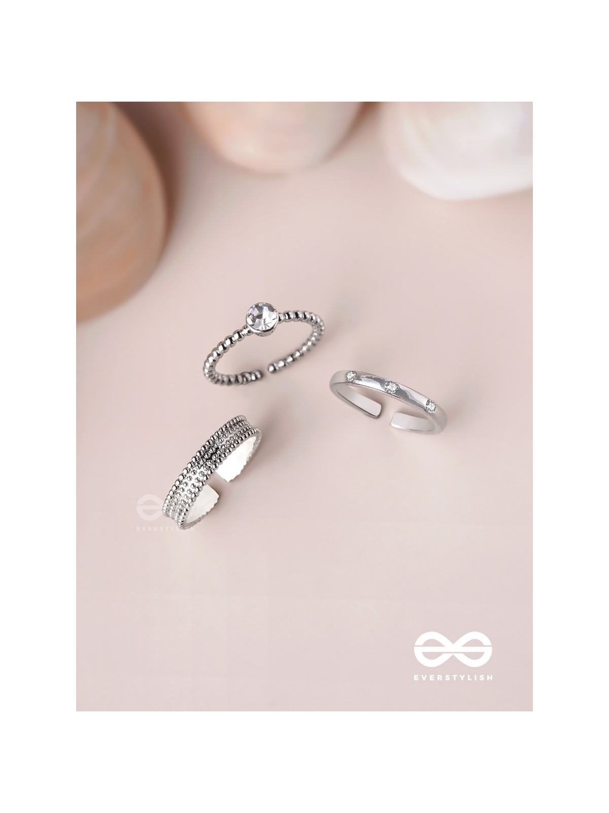 The Sterling Trio - Silver Cubic Zirconia Rings (Set Of 3 Adjustable)