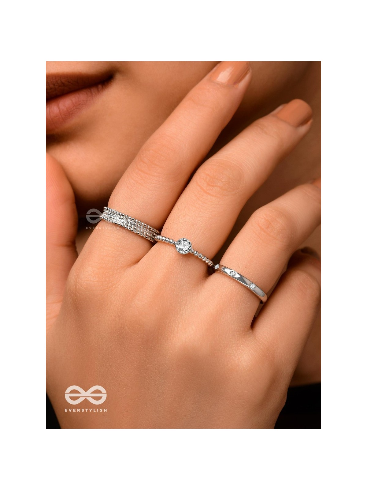 The Sterling Trio - Silver Cubic Zirconia Rings (Set Of 3 Adjustable)