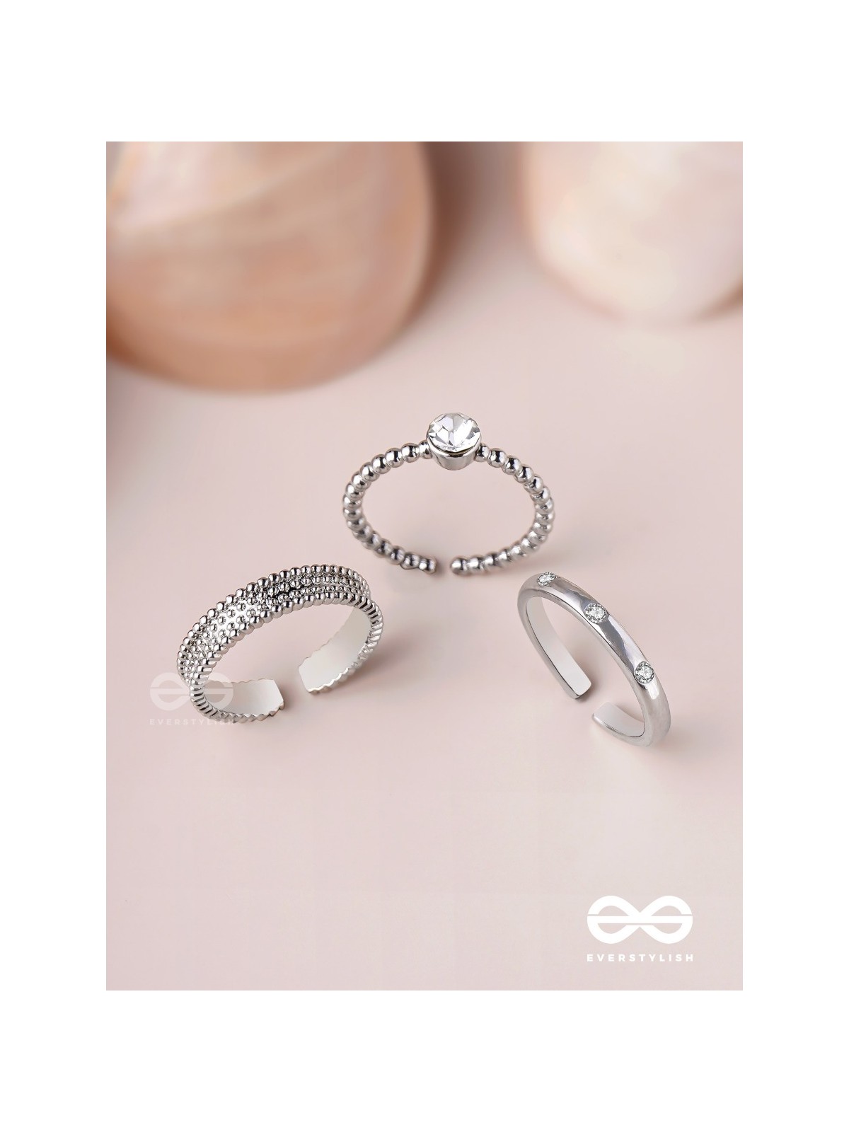 The Sterling Trio - Silver Cubic Zirconia Rings (Set Of 3 Adjustable)