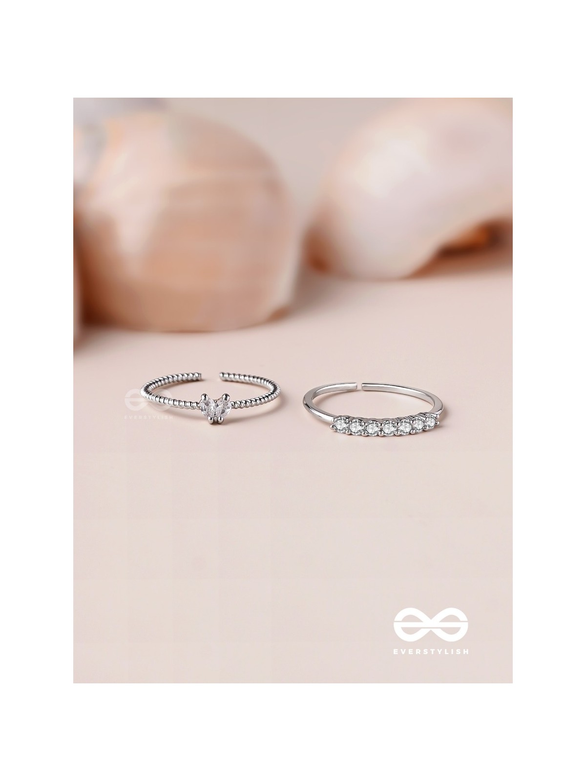 The Diamond Beauty - Silver Cubic Zirconia Rings (Set Of 2 Adjustable)