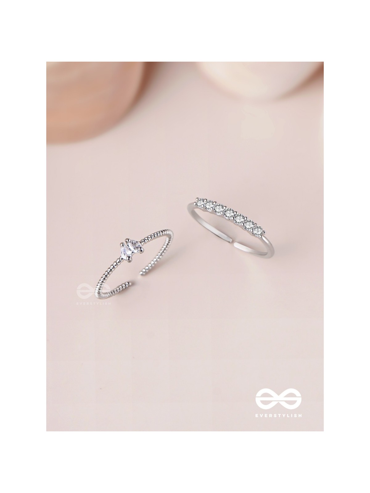 The Diamond Beauty - Silver Cubic Zirconia Rings (Set Of 2 Adjustable)