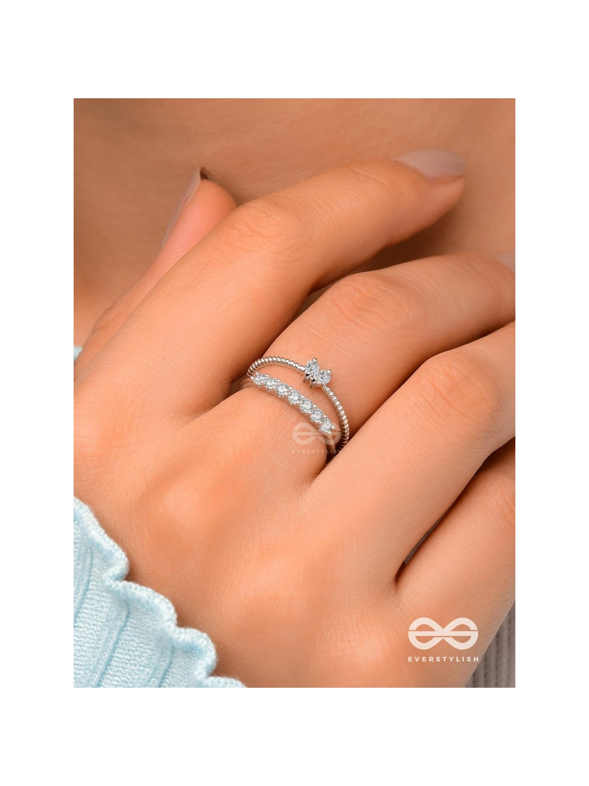 The Diamond Beauty - Silver Cubic Zirconia Rings (Set Of 2 Adjustable)