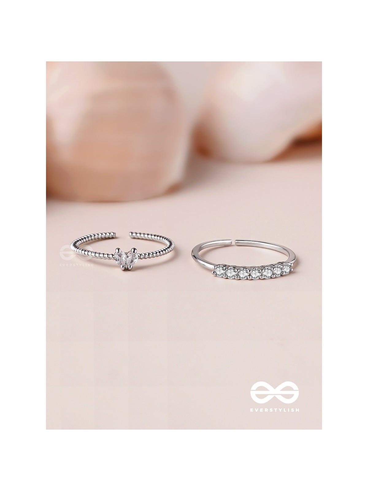 The Diamond Beauty - Silver Cubic Zirconia Rings (Set Of 2 Adjustable)